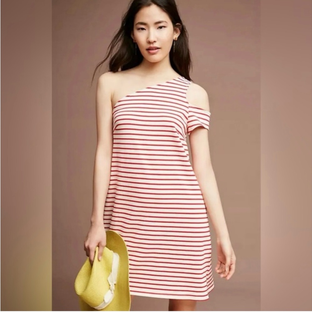 Brand New Anthropologie Maeve One-Shoulder Dress in Red and White Stripes